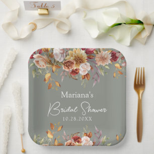 Sage Green Fall Floral Bridal Shower Paper Plate