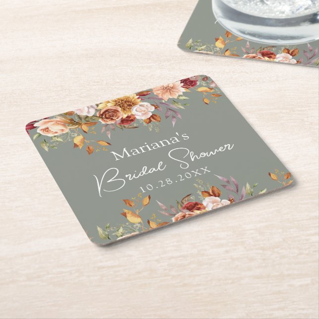 Sage Green Fall Floral Bridal Shower Square Paper Coaster (Angled)