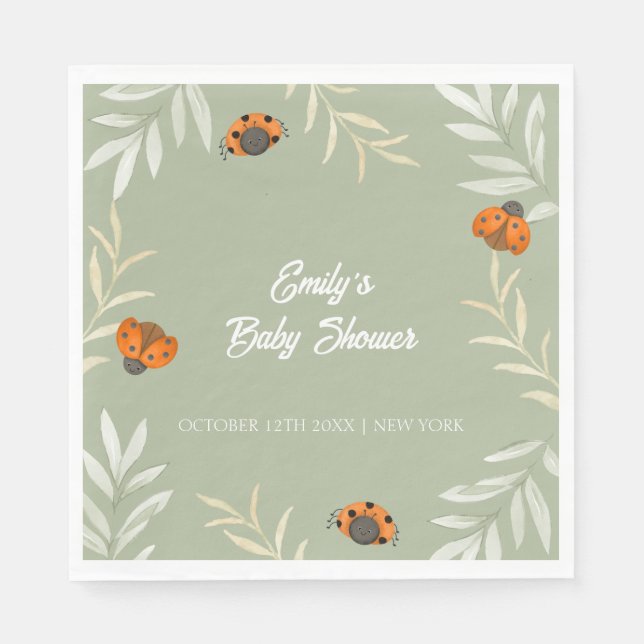 Sage Green Fall Ladybug Greenery Baby Shower  Napkin (Front)