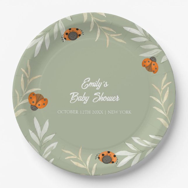 Sage Green Fall Ladybug Greenery Baby Shower  Paper Plate (Front)