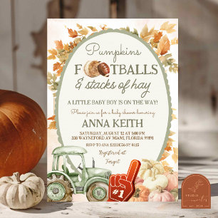 SAGE GREEN fall pumpkin football and stacks of hay Invitation