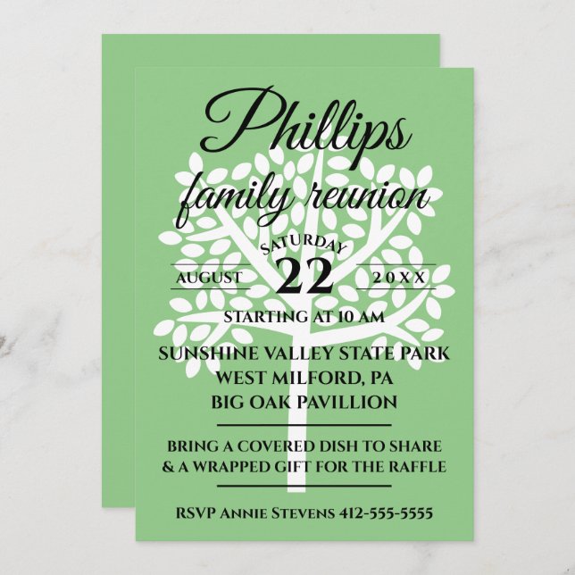 Sage Green Family Reunion White Tree Silhouette Invitation (Front/Back)
