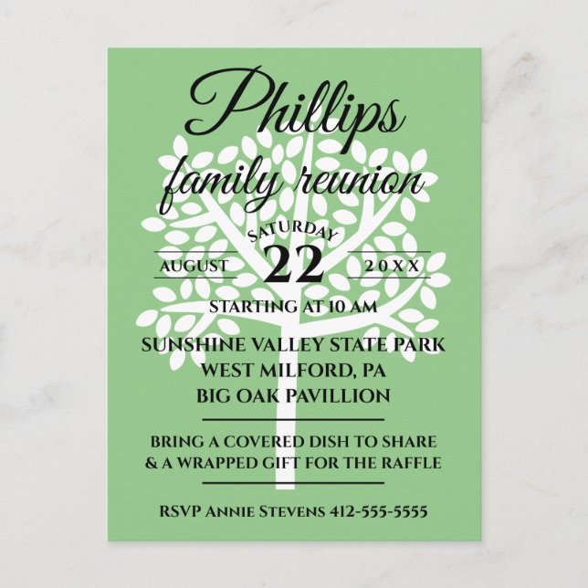 Sage Green Family Reunion White Tree Silhouette Invitation Postcard (Front)