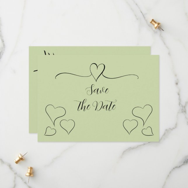 Sage Green Fancy Calligraphy Hearts  Save The Date (Front/Back In Situ)