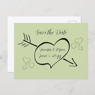 Sage Green Fancy Calligraphy Hearts Save the Date Postcard