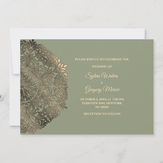 Sage Green Faux Gold Ethnic Classic Wedding Invitation (Front)