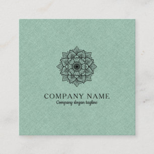 Sage-green Faux Linen & Black Mandala Square Business Card