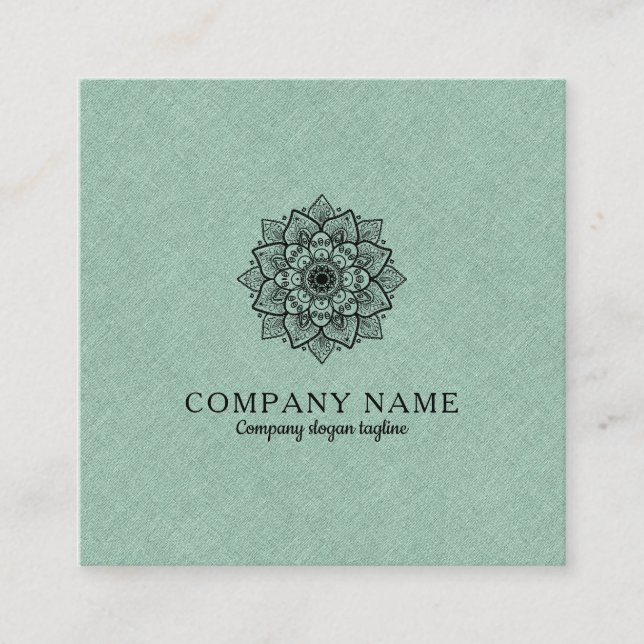 Sage-green Faux Linen & Black Mandala Square Business Card (Front)