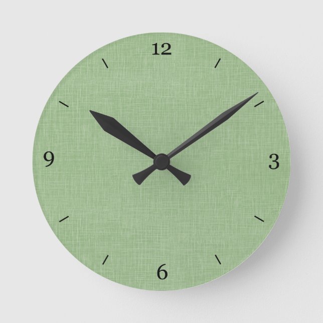 Sage Green Faux Linen Fabric Textured Background Round Clock (Front)