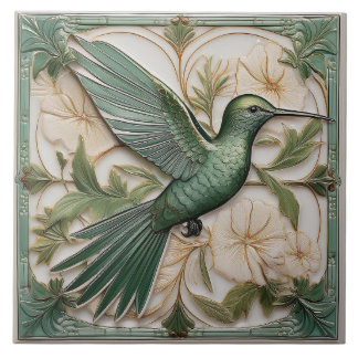 Sage green faux relief Art Nouveau Hummingbird R Tile