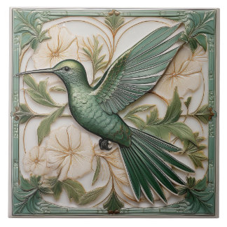 Sage green faux relief Art Nouveau Hummingbird Tile