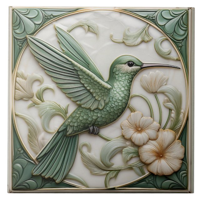 Sage green faux relief Art Nouveau Hummingbird  Tile (Front)
