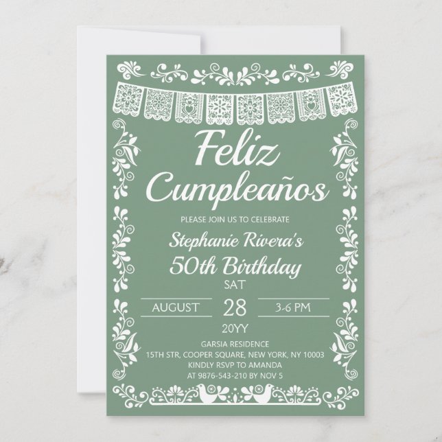 Sage Green Feliz Cumpleaños 50th Birthday Invitation (Front)