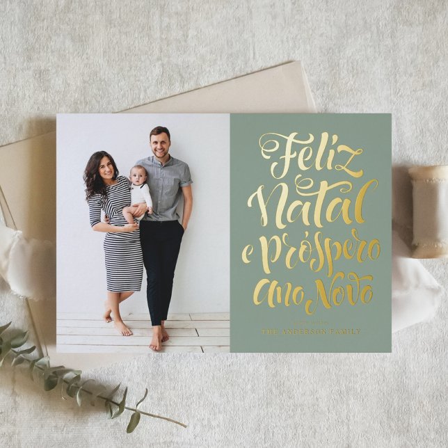 Sage Green Feliz Natal Calligraphy Christmas Photo Foil Holiday Card (Creator Uploaded)