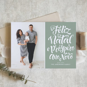 Sage Green Feliz Natal Calligraphy Christmas Photo Holiday Card