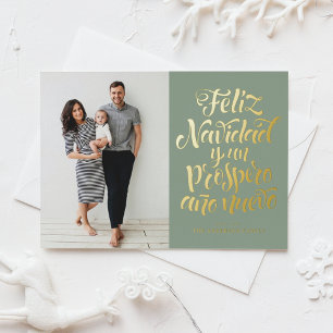 Sage Green Feliz Navidad Script Christmas Photo Foil Holiday Card