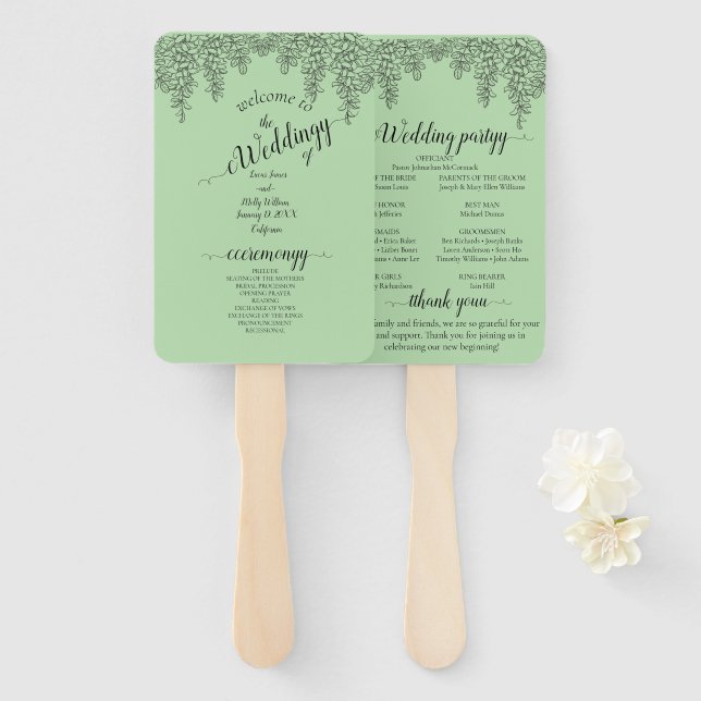 Sage Green Fern Leaf Wedding Hand Fan (Front and Back)