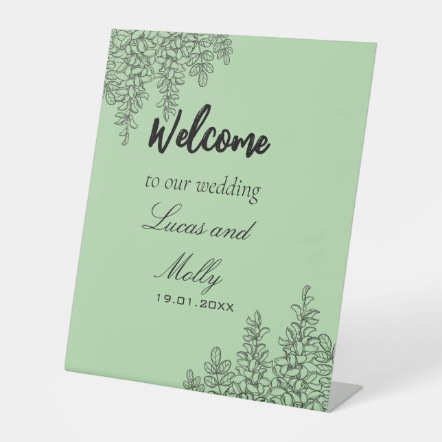 Sage Green Fern Leaf Wedding Pedestal Sign (Front)