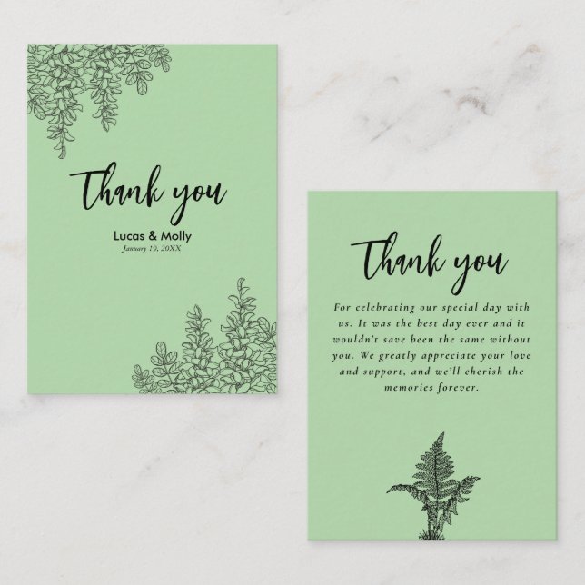 Sage Green Fern Leaf Wedding Thank you Card (Front/Back)
