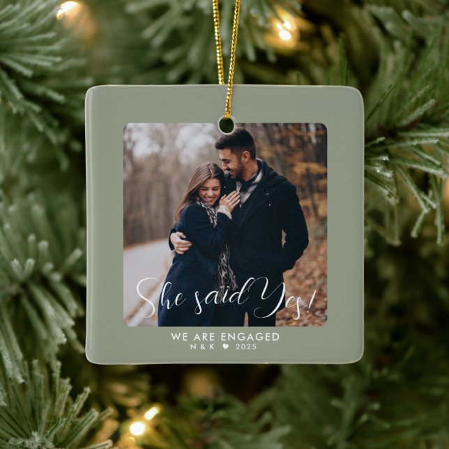 Sage Green First Christmas Engaged Custom Photo Ceramic Ornament (Tree)