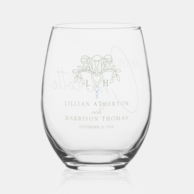 Sage green fleur de lis monogram wedding favour stemless wine glass (Front)