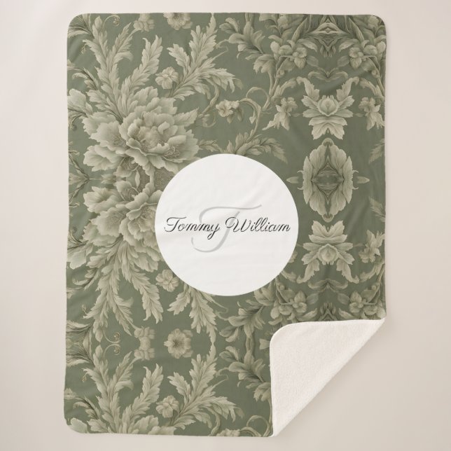 Sage Green Flora Elegant Sherpa Blanket (Front)