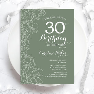 Sage Green Floral 30th Birthday Party Invitation