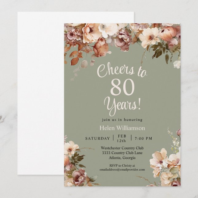 Sage Green Floral 80th Birthday Cheers to 80 Years Invitation (Front/Back)