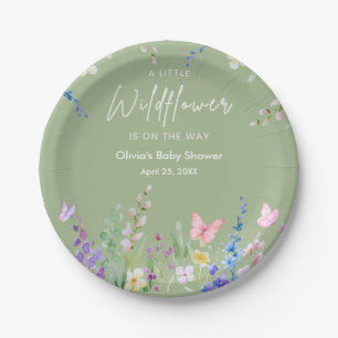 Sage Green Floral A Little Wildflower Baby Shower Paper Plate
