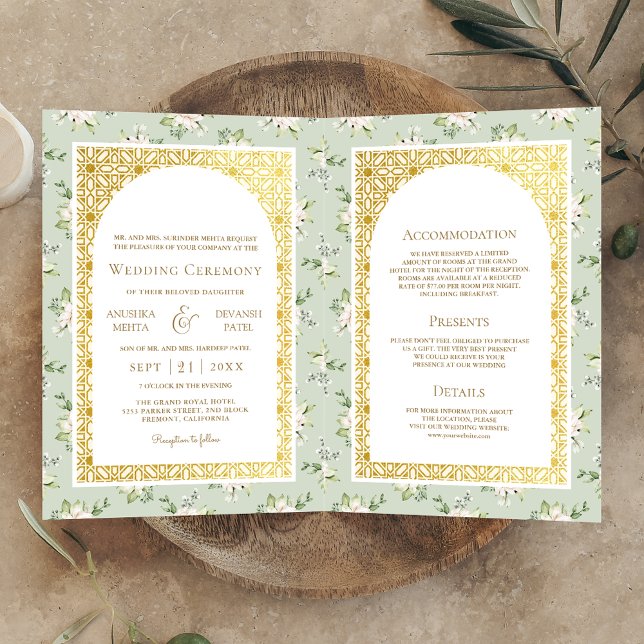 Sage Green Floral All in One Gold Indian Wedding Invitation (Creator Uploaded)