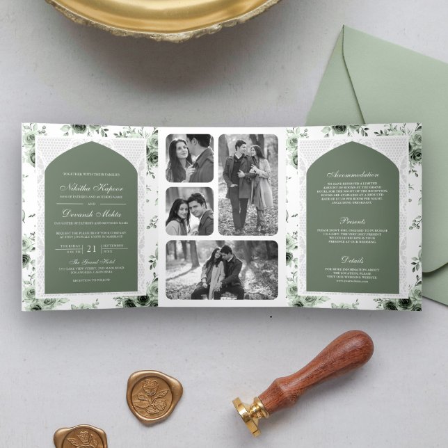 Sage Green Floral All in One Lace Indian Wedding Tri-Fold Invitation (Creator Uploaded)