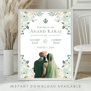 Sage Green Floral Anand Karaj Wedding Welcome Sign