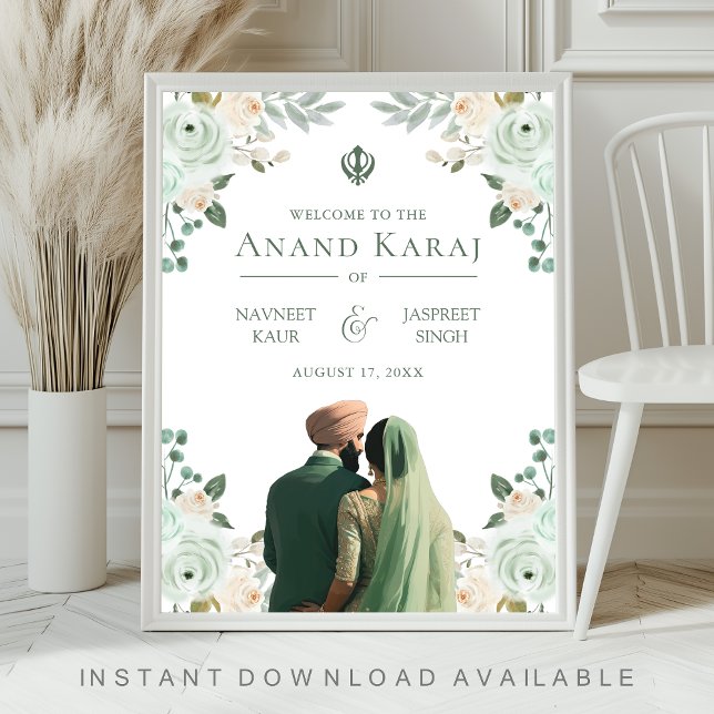 Sage Green Floral Anand Karaj Wedding Welcome Sign (Creator Uploaded)