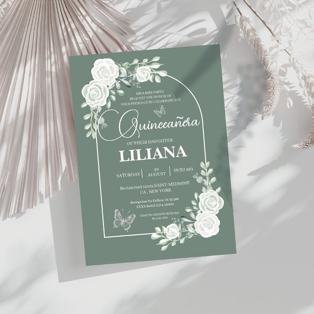 Sage Green Floral Arch and Butterflies Quinceañera Invitation (Creator Uploaded)