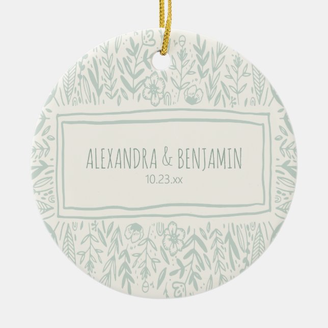 Sage Green Floral Art Border Wedding Couple 1st Ceramic Tree Decoration (Front)