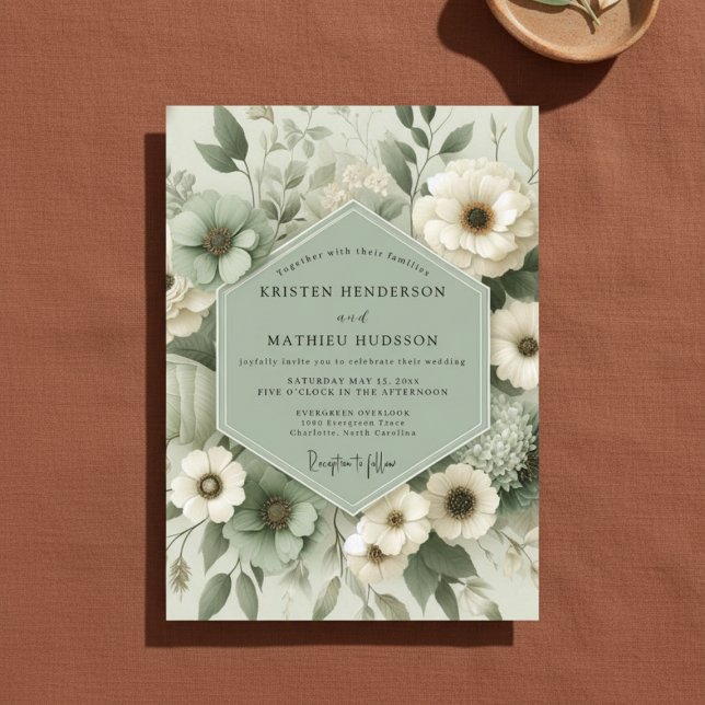 Sage Green Floral Artistry Wedding Invitation (Creator Uploaded)