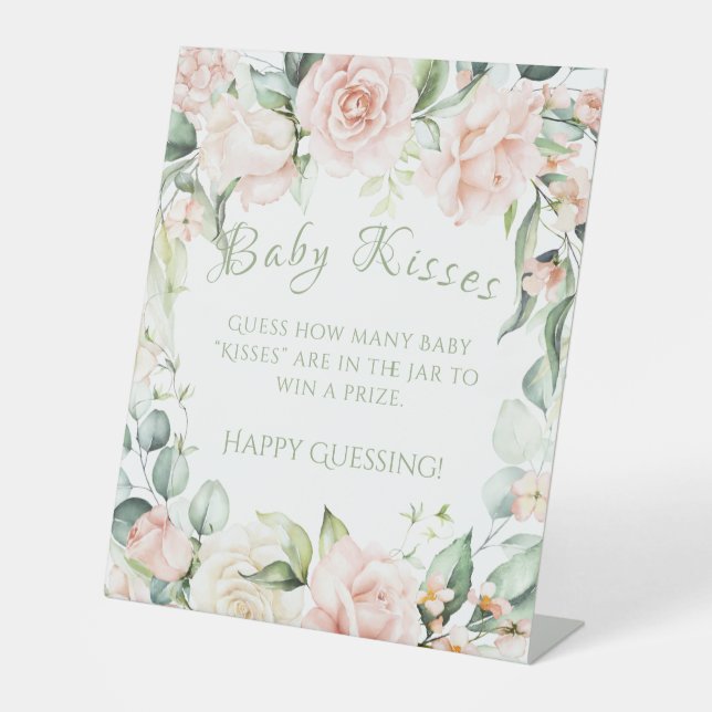Sage Green Floral Baby Shower Baby Kisses Game Pedestal Sign (Front)