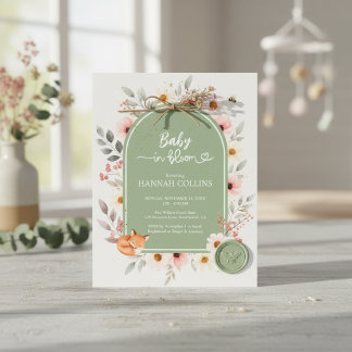 Sage Green Floral Baby Shower Fox Invite
