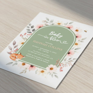 Sage Green Floral Baby Shower Fox Invite