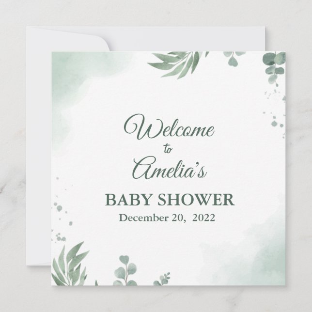Sage Green Floral Baby Shower Girl Welcome Sign In (Front)