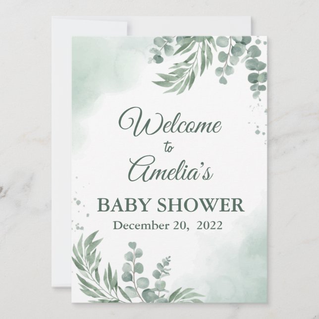 Sage Green Floral Baby Shower Girl Welcome Sign In Announcement (Front)