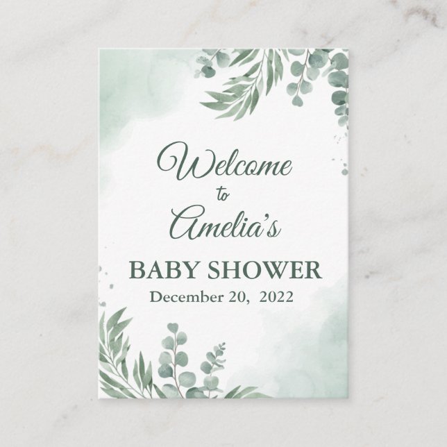 Sage Green Floral Baby Shower Girl Welcome Sign In Enclosure Card (Front)