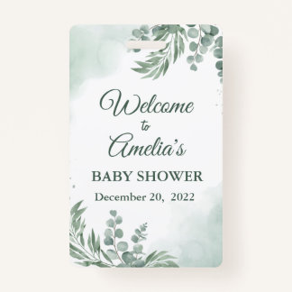 Sage Green Floral Baby Shower Girl Welcome Sign In ID Badge