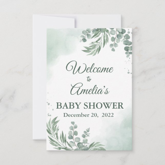 Sage Green Floral Baby Shower Girl Welcome Sign In Invitation (Front)