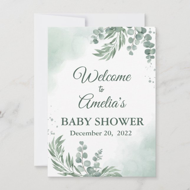 Sage Green Floral Baby Shower Girl Welcome Sign In Invitation (Front)
