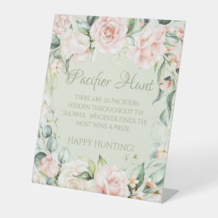 Sage Green Floral Baby Shower Pacifier Hunt Game Pedestal Sign