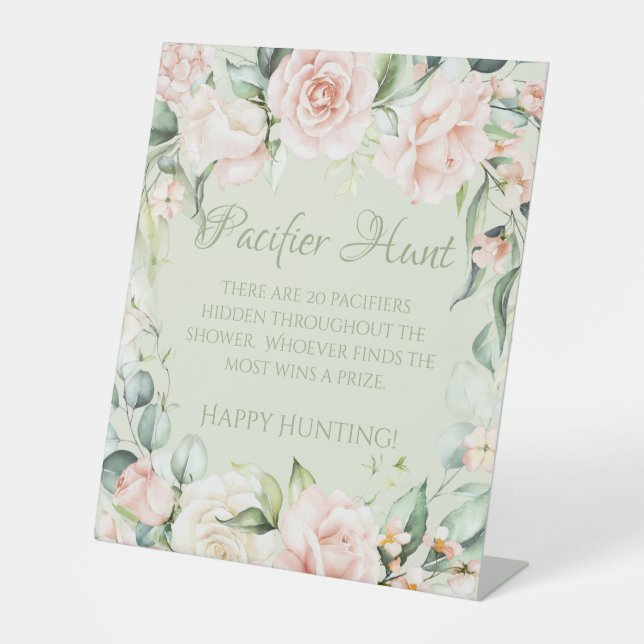 Sage Green Floral Baby Shower Pacifier Hunt Game Pedestal Sign (Front)