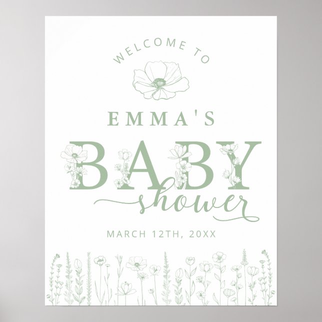 Sage Green Floral Baby Shower Welcome Sign (Front)