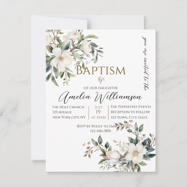 Sage Green Floral Baptism Invitation (Front)