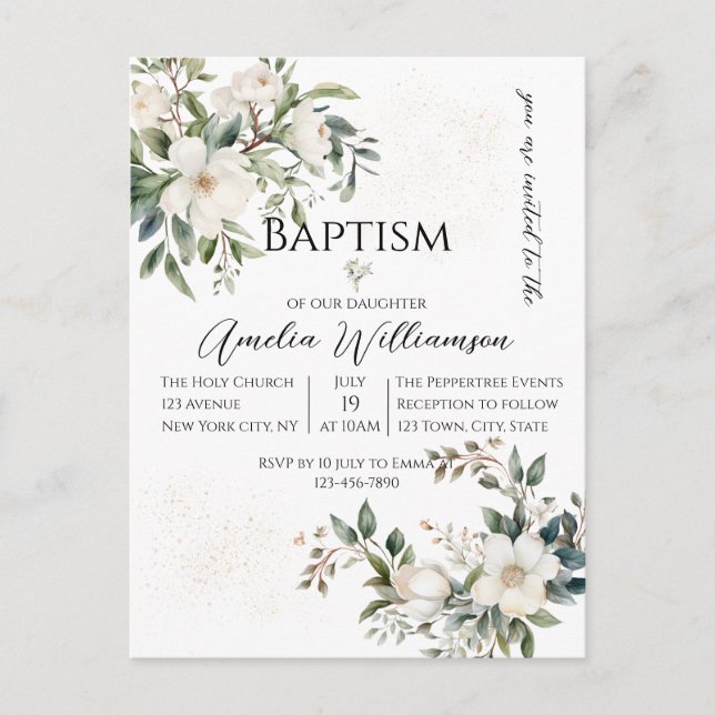 Sage Green Floral Baptism Postcard (Front)
